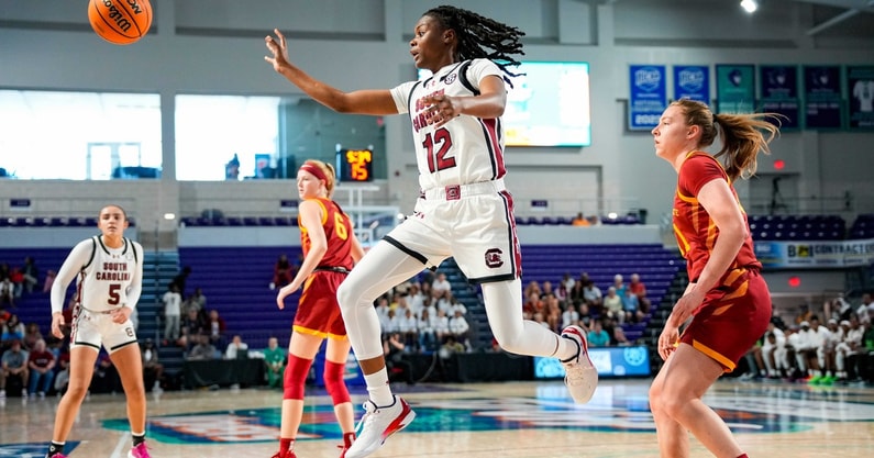South Carolina Gamecocks guard MiLaysia Fulwiley (12) passes the ball during the first quarter of a Fort Myers Tip-Off Island Division game against the Iowa State Cyclones at Suncoast Credit Union Arena in Fort Myers, Fla., on Thursday, Nov. 28, 2024. © Jonah Hinebaugh/The News-Press/USA Today Network-Florida / USA TODAY NETWORK via Imagn Images