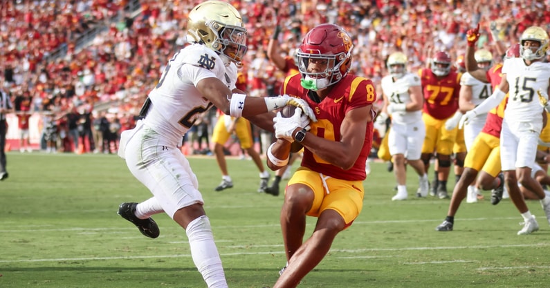 USC wide receiver Ja'Kobi Lane comes down with a touchdown reception during a game against the Notre Dame Fighting Irish