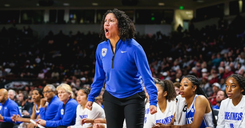 Duke women's basketball coach Kara Lawson during the South Carolina Gamecocks game on Dec. 5, 2024 in Columbia, South Carolina (Katie Dugan | GamecockCentral.com)