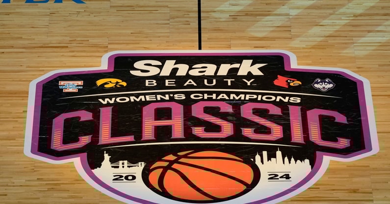 The Women's Champions Classic logo before the game between the Iowa Hawkeyes and the Tennessee Lady Vols. (Photo by Lucas Boland-Imagn Images)