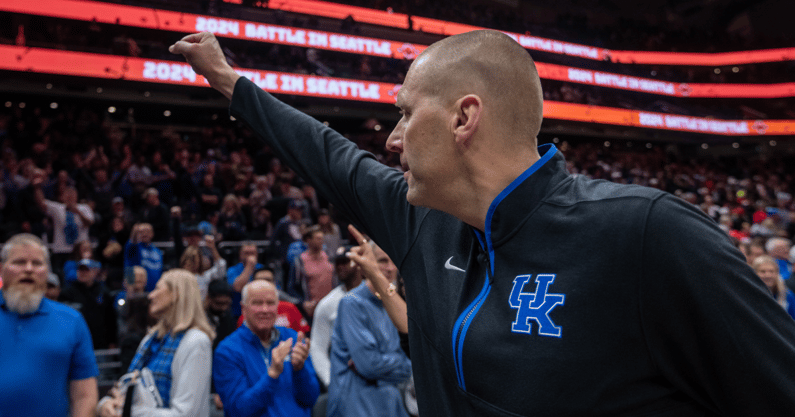 Dec 7, 2024; Seattle, Washington, USA; Kentucky Wildcats head coach Mark Pope celebrates after a game against the Gonzaga Bulldogs at Climate Pledge Arena. Mandatory Credit: Stephen Brashear-Imagn Images