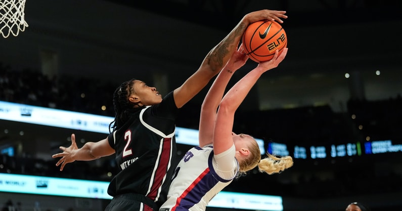 TCU Horned Frogs guard Hailey Van Lith (10) has her shot blocked by South Carolina Gamecocks forward Ashlyn Watkins (2) during the second half at Dickies Arena. Mandatory Credit: Chris Jones-Imagn Images