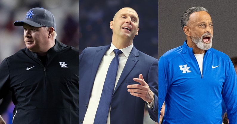 Mark Stoops (Matt Pendleton-Imagn Images); Mark Pope (Dr. Michael Huang, Kentucky Sports Radio); Kenny Brooks (© Clare Grant/Courier Journal / USA TODAY NETWORK via Imagn Images)