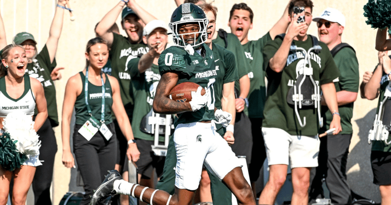 Michigan State's Charles Brantley heads to the end zone after an interception that was called back on a penalty during the second quarter in the game against Prairie View A&M - Nick King, USA TODAY Sports