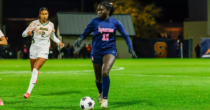 Syracuse defender Iba Oching plays the ball against Miami FL. (Photo by Syracuse Athletics)