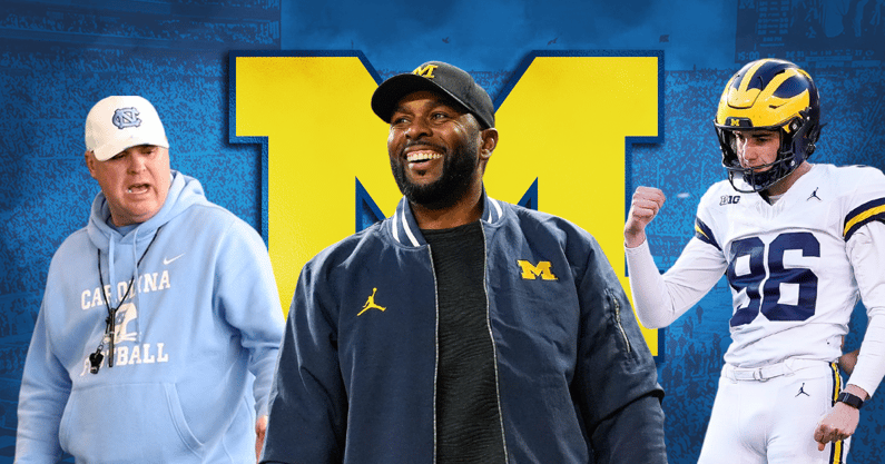 Michigan Wolverines football head coach Sherrone Moore, new offensive coordinator Chip Lindsey and kicker Dominic Zvada.