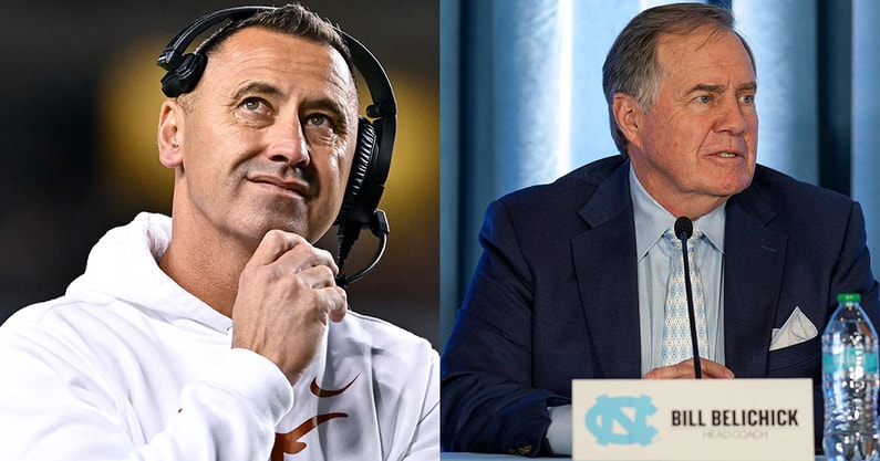 Texas HC Steve Sarkisian and North Carolina HC Bill Belichick