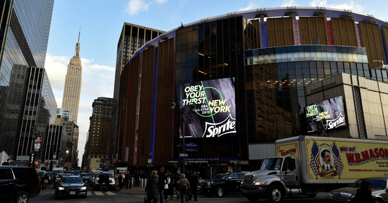 An exterior view of Madison Square Garden with the Empire State Building in the background. Mandatory Credit: Bob Donnan-USA TODAY Sports
