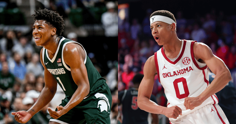 (LEFT) Michigan State's Jeremy Fears Jr. signals to bring it on to Niagara after a score during the first half on Thursday, Nov. 7, 2024, at the Breslin Center in East Lansing. - Nick King, USA TODAY Sports (RIGHT) Oklahoma Sooners guard Jeremiah Fears (0) reacts after scoring during the second half against the Arizona Wildcats in the Imperial Arena at the Atlantis Resort. - Kevin Jairaj, USA TODAY Sports