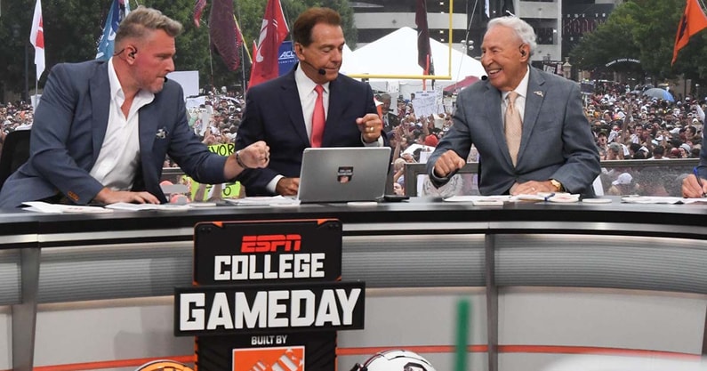 College GameDay analysts Pat McAfee, Nick Saban and Lee Corso