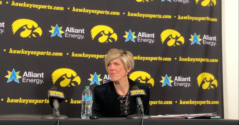 Iowa head coach Jan Jensen recaps the win over UNI. (Photo by Kyle Huesmann)