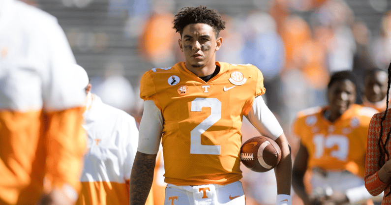 Former Tennessee quarterback Jarrett Guarantano. Credit: Calvin Mattheis/Pool via News Sentinel via Imagn Content Services, LLC