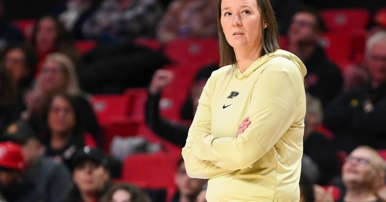 Purdue Boilermakers head coach Katie Gearlds coaches her team against the Maryland Terrapins. (Photo by Tommy Gilligan-USA TODAY Sports)