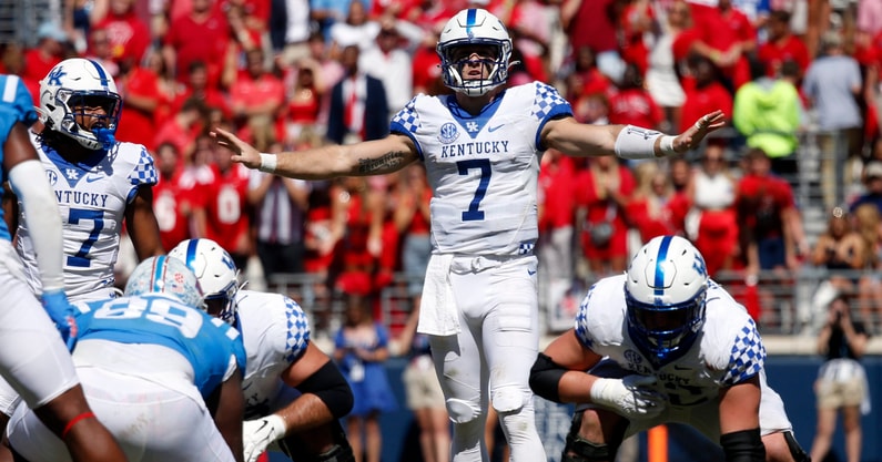 Oct 1, 2022; Oxford, Mississippi, USA; Kentucky Wildcats quarterback Will Levis (7) settles prior to the snap during the second half against the Mississippi Rebels at Vaught-Hemingway Stadium. Mandatory Credit: Petre Thomas-USA TODAY Sports
