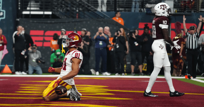 USC Trojans wide receiver Kyle Ford (81) celebrates after scoring on a 7-yard touchdown reception against the Texas A&M Aggies at Allegiant Stadium