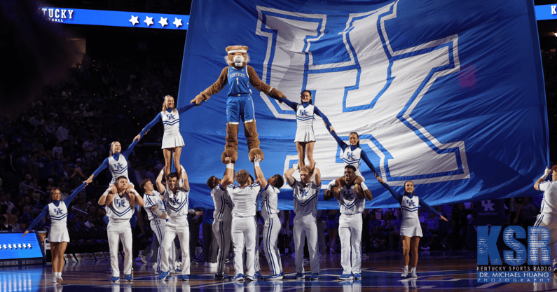 The Kentucky Wildcat mascot and cheerleaders during a game at Rupp Arena - Dr. Michael Huang, Kentucky Sports Radio