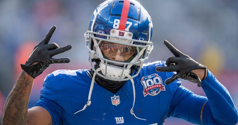 New York Giants wide receiver Ihmir Smith-Marsette gestures while warming up for a game against the Indianapolis Colts. (Photo by The Record)
