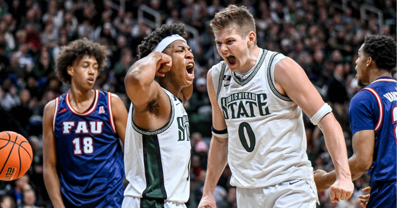 Michigan State's Jeremy Fears Jr., left, celebrates with Jaxon Kohler, right, after Fears' score and a Florida Atlantic foul during the first half on Saturday, Dec. 21, 2024, in East Lansing - Nick King, USA TODAY Sports