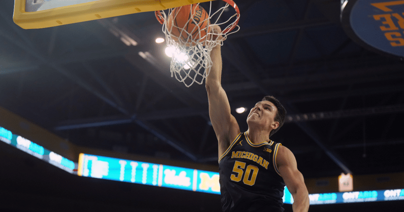 Michigan Wolverines basketball center Vladislav Goldin came up big in a win at Indiana. (Photo by Kirby Lee-Imagn Images)