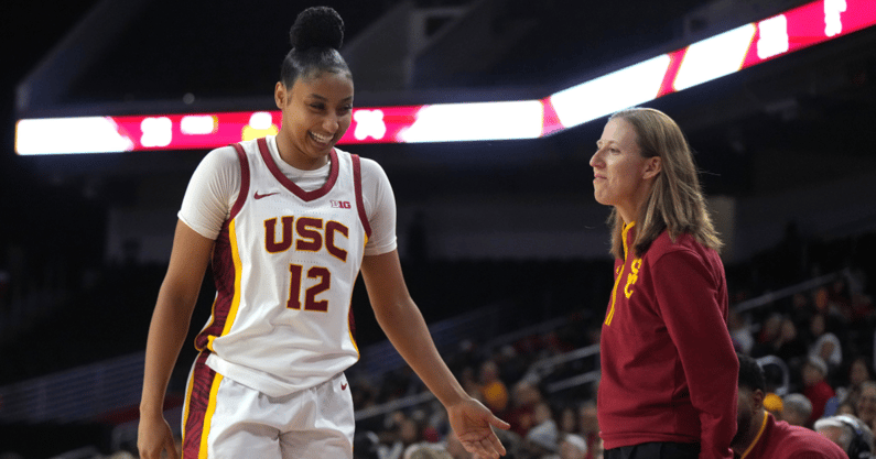 Southern California Trojans guard JuJu Watkins (12) celebrates with head coach Lindsay Gottlieb