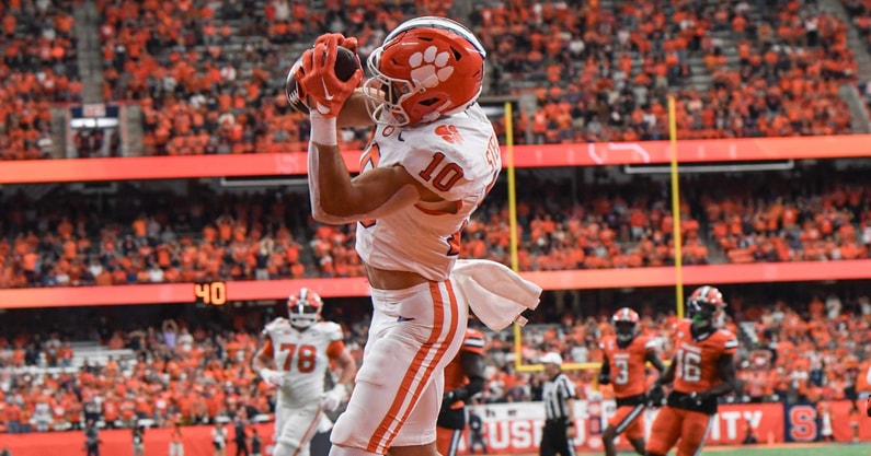 Clemson wide receiver Troy Stellato (10) catches a pass for a touchdown during the first quarter Sep 30, 2023; Syracuse, New York, USA; at JMA Wireless Dome.