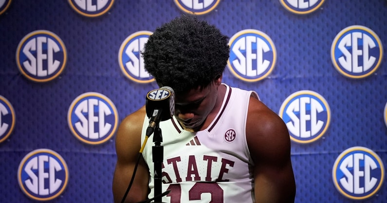 Mississippi State player Josh Hubbard waits to be interviewed during SEC Media Day at the Grand Bohemian Hotel in Mountain Brook Tuesday, Oct. 15, 2024. (© Gary Cosby Jr.-Tuscaloosa News / USA TODAY NETWORK via Imagn Images)