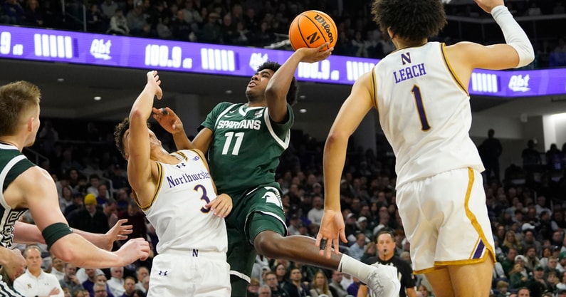 Northwestern Wildcats guard Ty Berry (3) defends Michigan State Spartans guard Jase Richardson (11) during the first half at Welsh-Ryan Arena. - David Banks, USA TODAY Sports