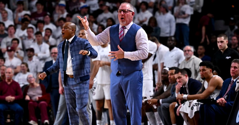 Jan 4, 2025; College Station, Texas, USA; Texas A&amp;M Aggies head coach Buzz Williams reacts during the second half against the Texas Longhorns at Reed Arena. The Aggies defeated the Longhorns 80-60. Mandatory Credit: Maria Lysaker-Imagn Images
