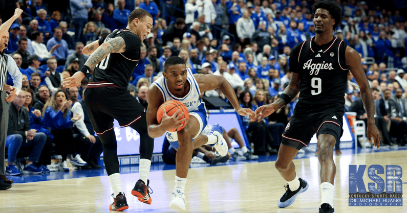 Lamont Butler falls to the floor after being fouled by Texas A&M - Dr. Michael Huang, Kentucky Sports Radio