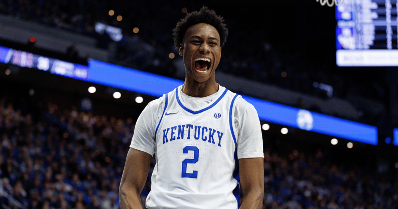 Jan 14, 2025; Lexington, Kentucky, USA; Kentucky Wildcats guard Jaxson Robinson (2) celebrates during the second half against the Texas A&M Aggies at Rupp Arena at Central Bank Center. Mandatory Credit: Jordan Prather-Imagn Images
