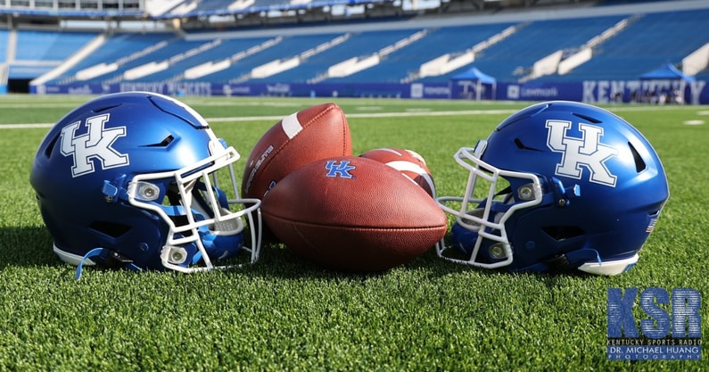 Kentucky footballs and helmets at Kroger Field on Media Day - Dr. Michael Huang, Kentucky Sports Radio