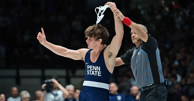 Tyler Kasak gets a fall against Michigan Stateâs Braden Stauffenberg (3:46). Penn State wrestling would roll the visiting Michigan State Spartans 55-0 on Friday Jan. 10, 2025 at Rec Hall. (Photo/Caleb Craig)