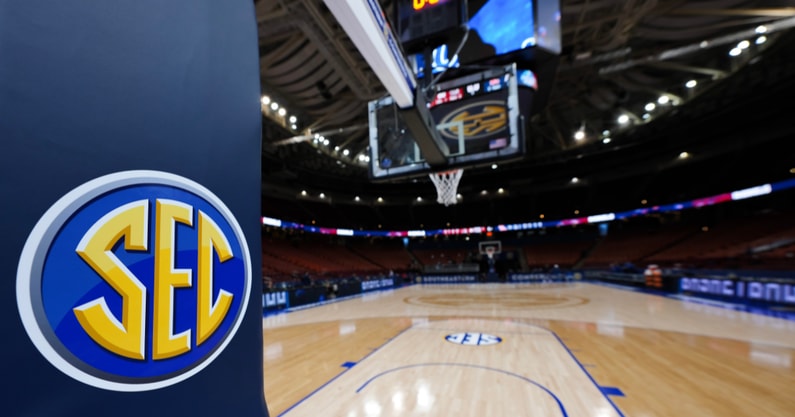 Mar 4, 2023; Greenville, SC, USA; General view of the SEC logo with court at Bon Secours Wellness Arena. Mandatory Credit: David Yeazell-Imagn Images
