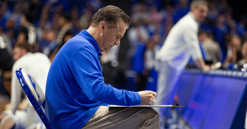 Kentucky head coach John Calipari sat by himself, working his clipboard before the second half started as the Wildcats faced off against Vanderbilt in Rupp Arena on Wednesday evening. Kentucky fell to Vandy 68-66. Mar. 1, 2023. © Jeff Faughender/Courier Journal and USA Today Network / USA TODAY NETWORK