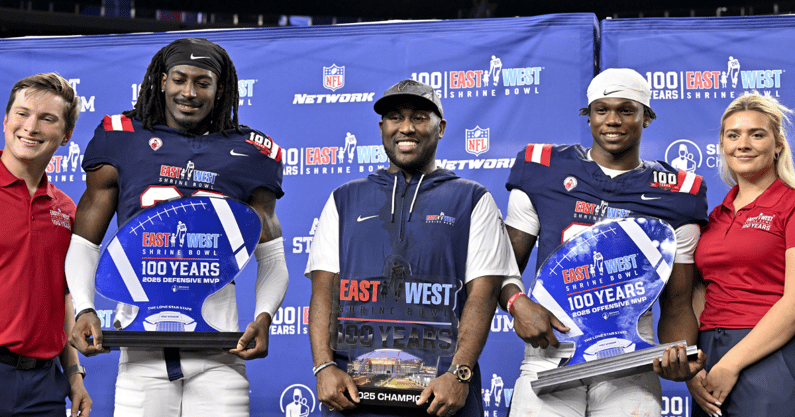 South Carolina football alum O'Donnell Fortune (left) posing with his Defensive Player of the Game award following the East-West Shrine Bowl. Photo credit: Jerome Miron | Imagn Images