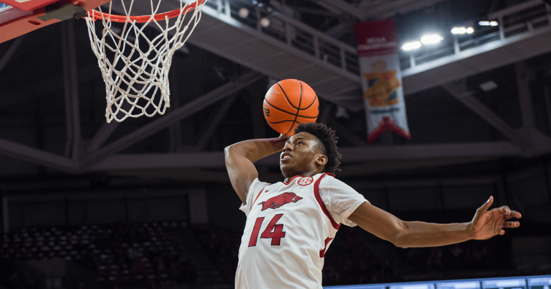 Dec 1, 2021; Fayetteville, Arkansas, USA; Arkansas Razorbacks guard Jaxson Robinson (14) goes up for a dunk during the second half against the Central Arkansas Bears at Bud Walton Arena. Arkansas won 97-60. Mandatory Credit: Brett Rojo-Imagn Images