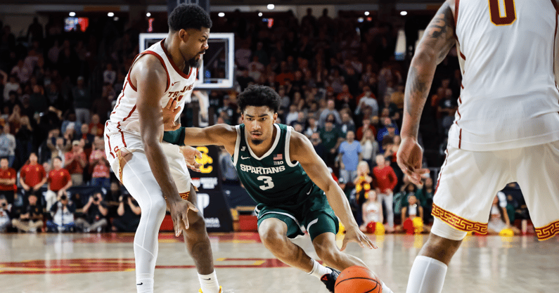 Michigan State Spartans guard Jaden Akins (3) dribbles the ball against the Michigan State Spartans during the second half at Galen Center. - William Navarro, USA TODAY Sports