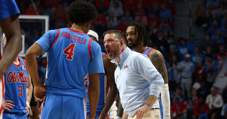 Feb 1, 2025; Oxford, Mississippi, USA; Mississippi Rebels head coach Chris Beard reacts toward forward Jaemyn Brakefield (4) during a time out during the second half against the Auburn Tigers at The Sandy and John Black Pavilion at Ole Miss. Mandatory Credit: Petre Thomas-Imagn Images