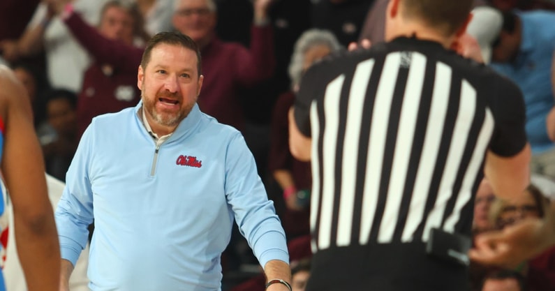 Jan 18, 2025; Starkville, Mississippi, USA; Mississippi Rebels head coach Chris Beard reacts toward an official during the second half against the Mississippi State Bulldogs at Humphrey Coliseum. Mandatory Credit: Petre Thomas-Imagn Images