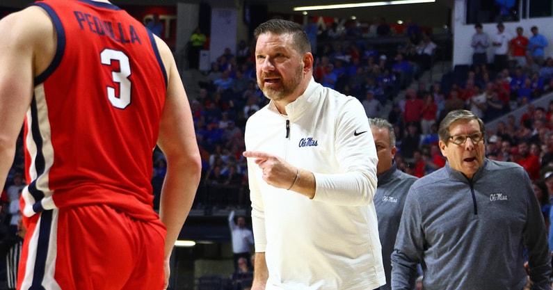 Mississippi Rebels head coach Chris Beard reacts toward guard Sean Pedulla (3) during the first half against the Kentucky Wildcats at The Sandy and John Black Pavilion at Ole Miss. Mandatory Credit: Petre Thomas-Imagn Images