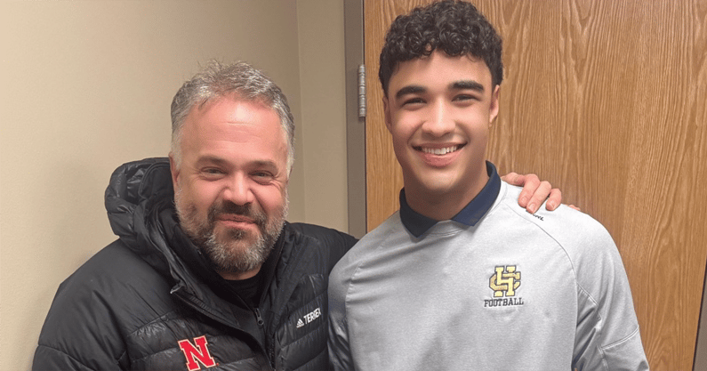 2026 LB Kasen Thomas with Nebraska head coach Matt Rhule copy