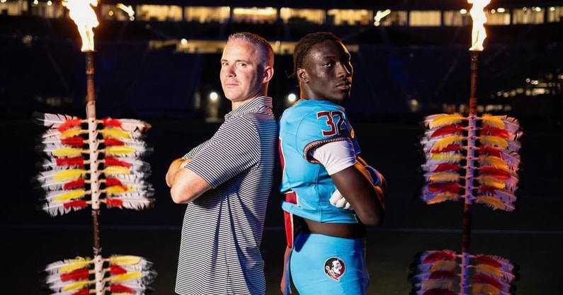Florida State signee Ousmane Kromah with Head Coach Mike Norvell on his official visit (via @therealonlyous on Instagram)