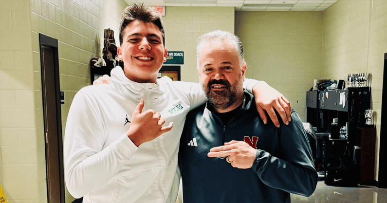 2026 QB commitment Dayton Raiola with Nebraska HC Matt Rhule