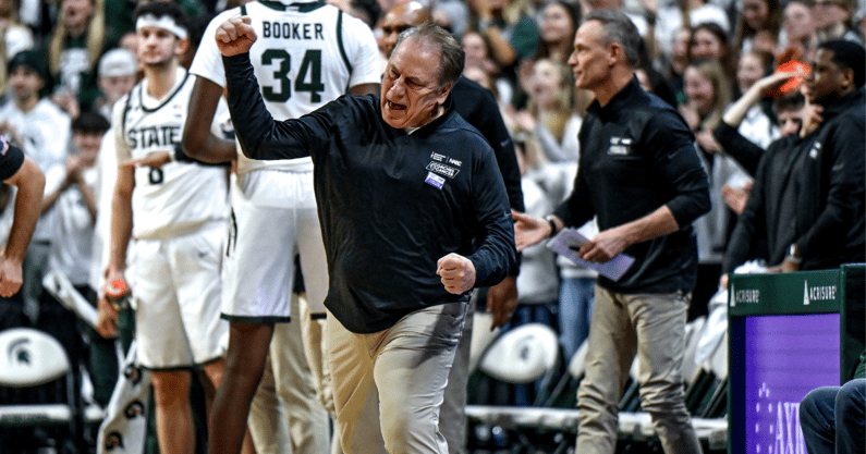 Michigan State's head coach Tom Izzo celebrates after a play during the game against Minnesota on Tuesday, Jan. 28, 2025, at the Breslin Center in East Lansing - Nick King, USA TODAY Sports
