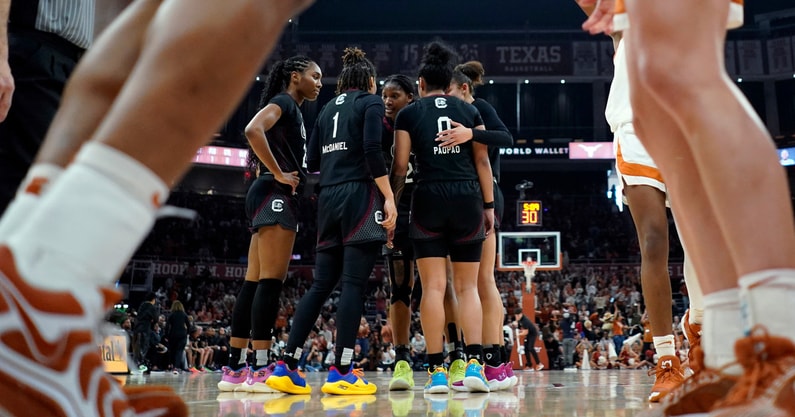 South Carolina Gamecocks huddle before a free throw during the second half against the Texas Longhorns during the second half at Moody Center. Mandatory Credit: Scott Wachter-Imagn Images