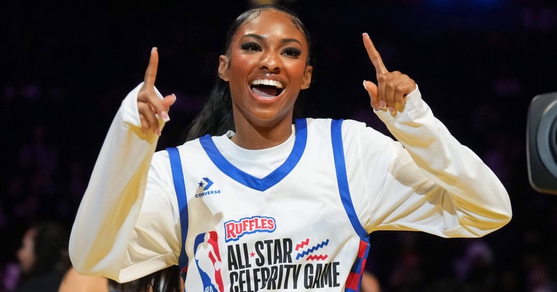 Feb 14, 2025; Oakland, California, USA; Masai Russell (10) of Team Bonds during introductions before the celebrity game ahead of the 2025 NBA All Star Game at Oakland Arena. Mandatory Credit: Darren Yamashita-Imagn Images