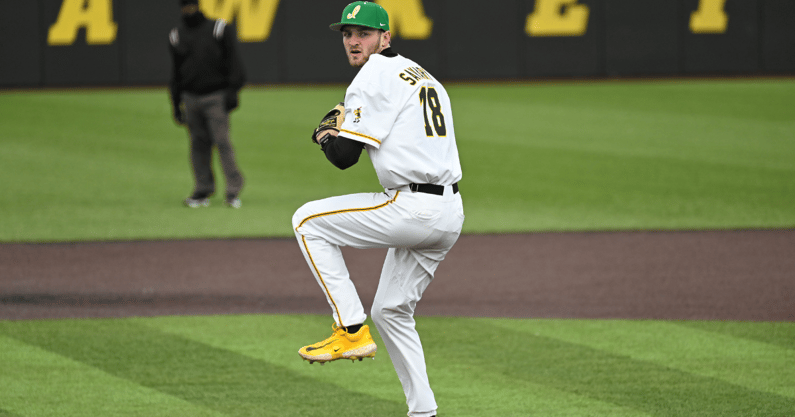 Iowa pitcher Aaron Savary throws a pitch in a game against Western Illinois. (Photo by Dennis Scheidt)