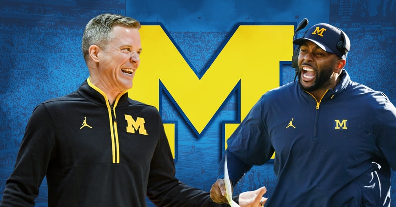Michigan Wolverines basketball head coach Dusty May and football head man Sherrone Moore. (Photos by USA TODAY Sports Images)