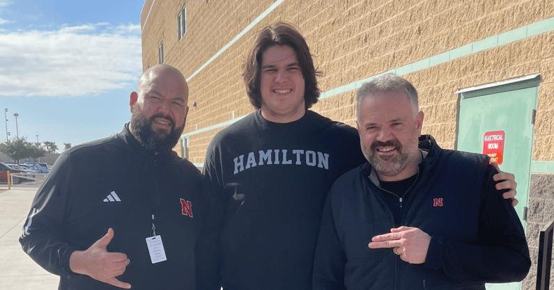 Nebraska coaching staff with 2026 OT Rex Waterman