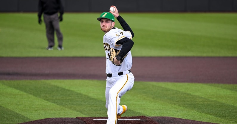 Iowa pitcher Aaron Savary throws a pitch against Western Illinois. (Photo by Dennis Scheidt)